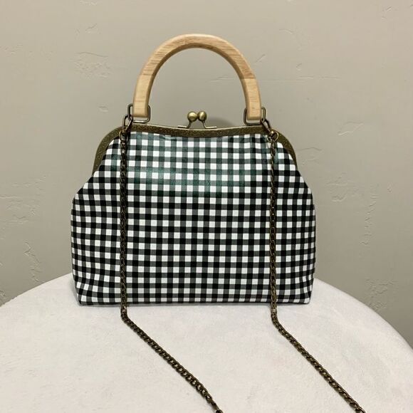 Handmade Genuine Leather Black & White Check Printed Wood Handle Satchel Bag - Picture 1 of 15